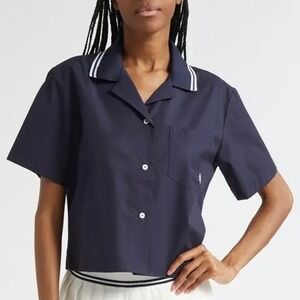Sporty & Rich Callie Navy Blue Cotton Short Sleeve Camp Collar Shirt XS Tennis